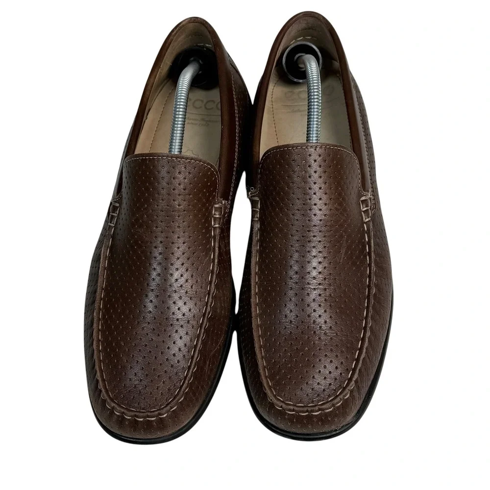 ECCO Men Brown Leather Perforated Moccasin Loafers EU 45 US 11-11.5 Driving Shoe